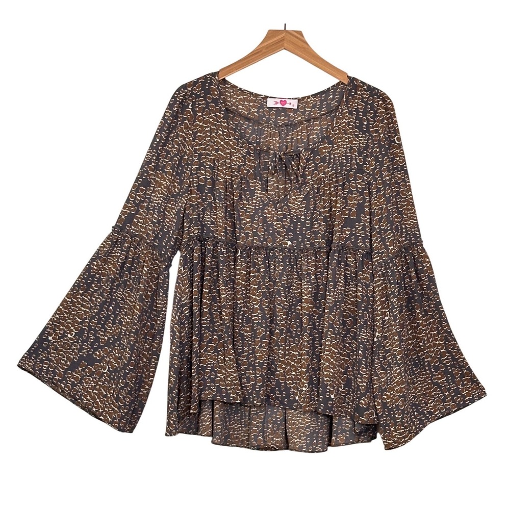 Boho Peasant Womens Top M Gray Brown Animal Print Babydoll Flare Bell Flowy